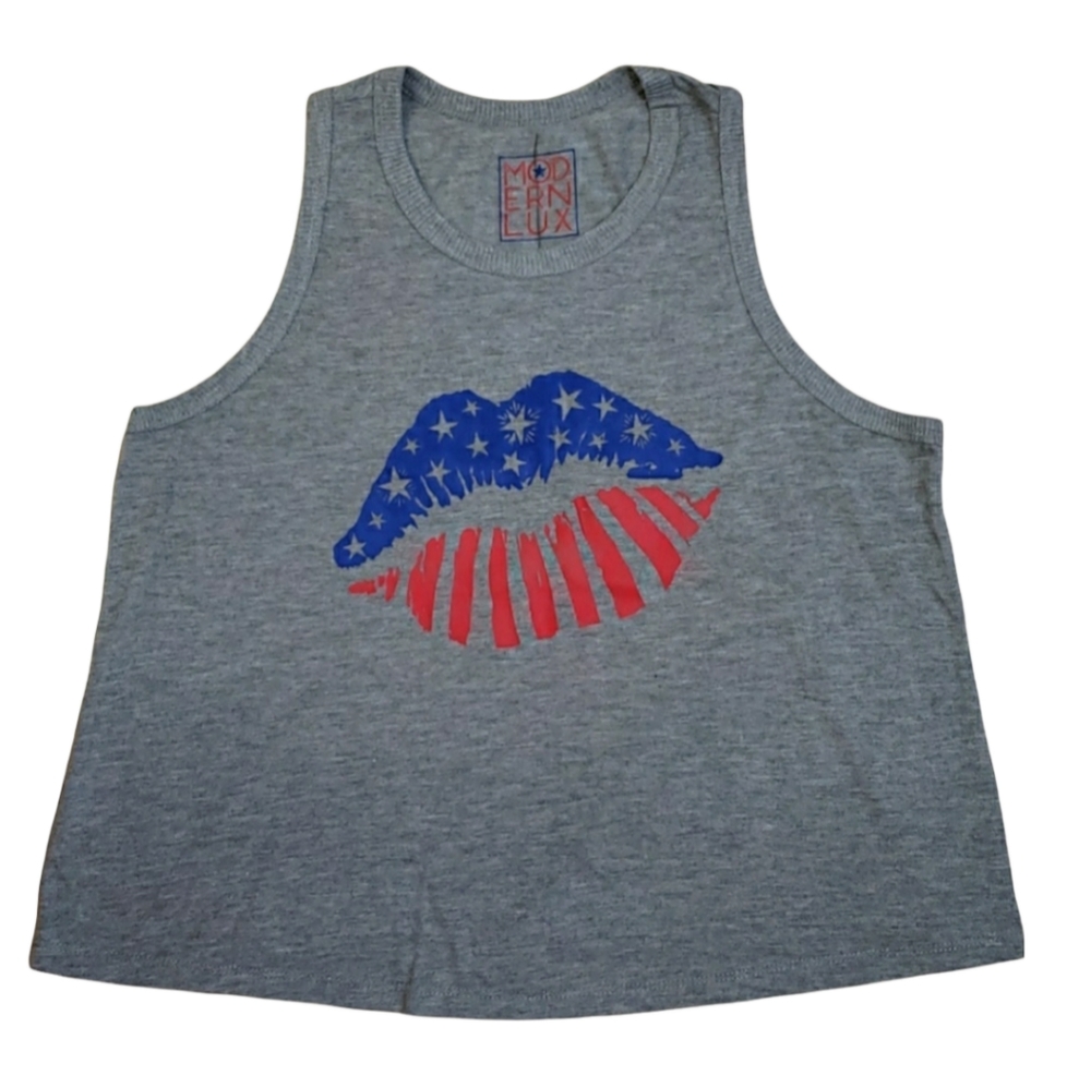 Modern Lux American Flag Kiss Crop Sleeveless Shirt Size Large Juniors NWOT Gray